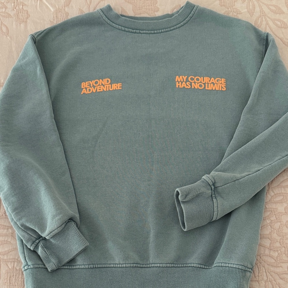 🥰Zara Kids Green Blue Sweatshirt with Orange Positive Text Sz 8-9